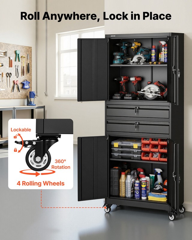 VEVOR Metal Storage Cabinet with Wheels 180 lbs 75" Cabinet Adjustable Shelves gallery