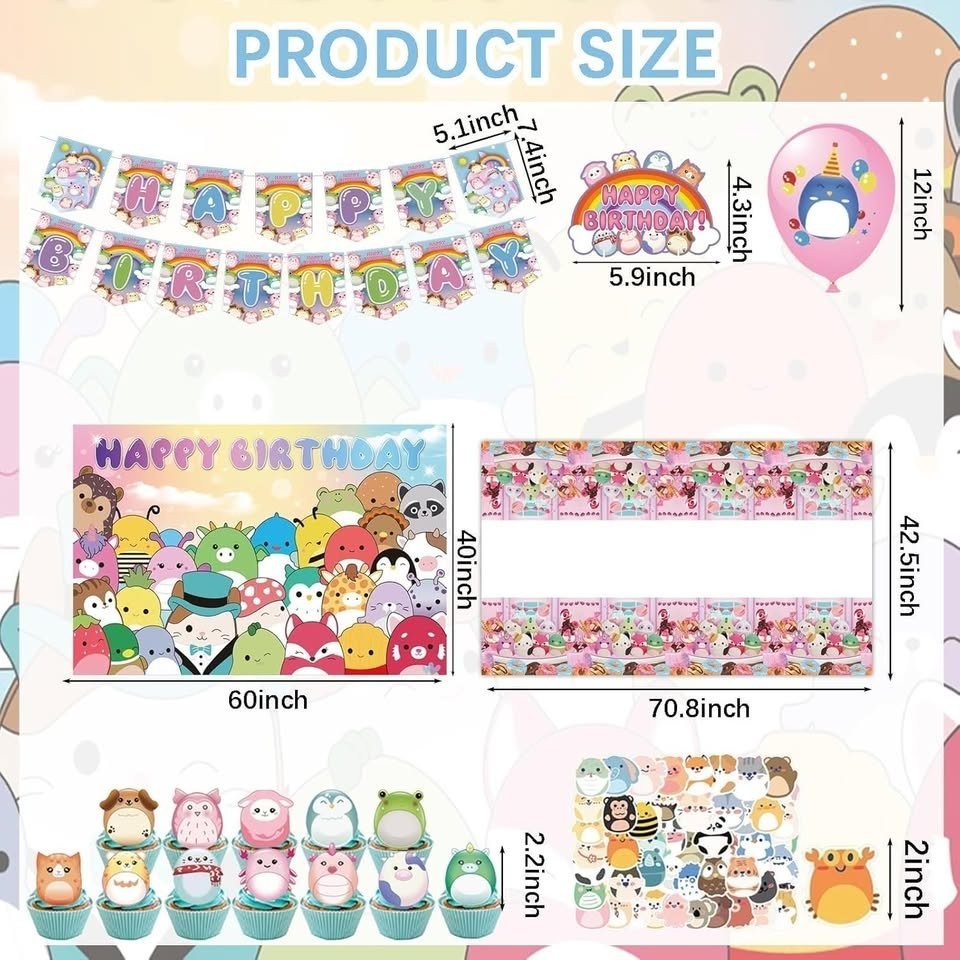 102 pcs Squishmallow Birthday Banner/Balloons/Stickers and More Party Decor gallery