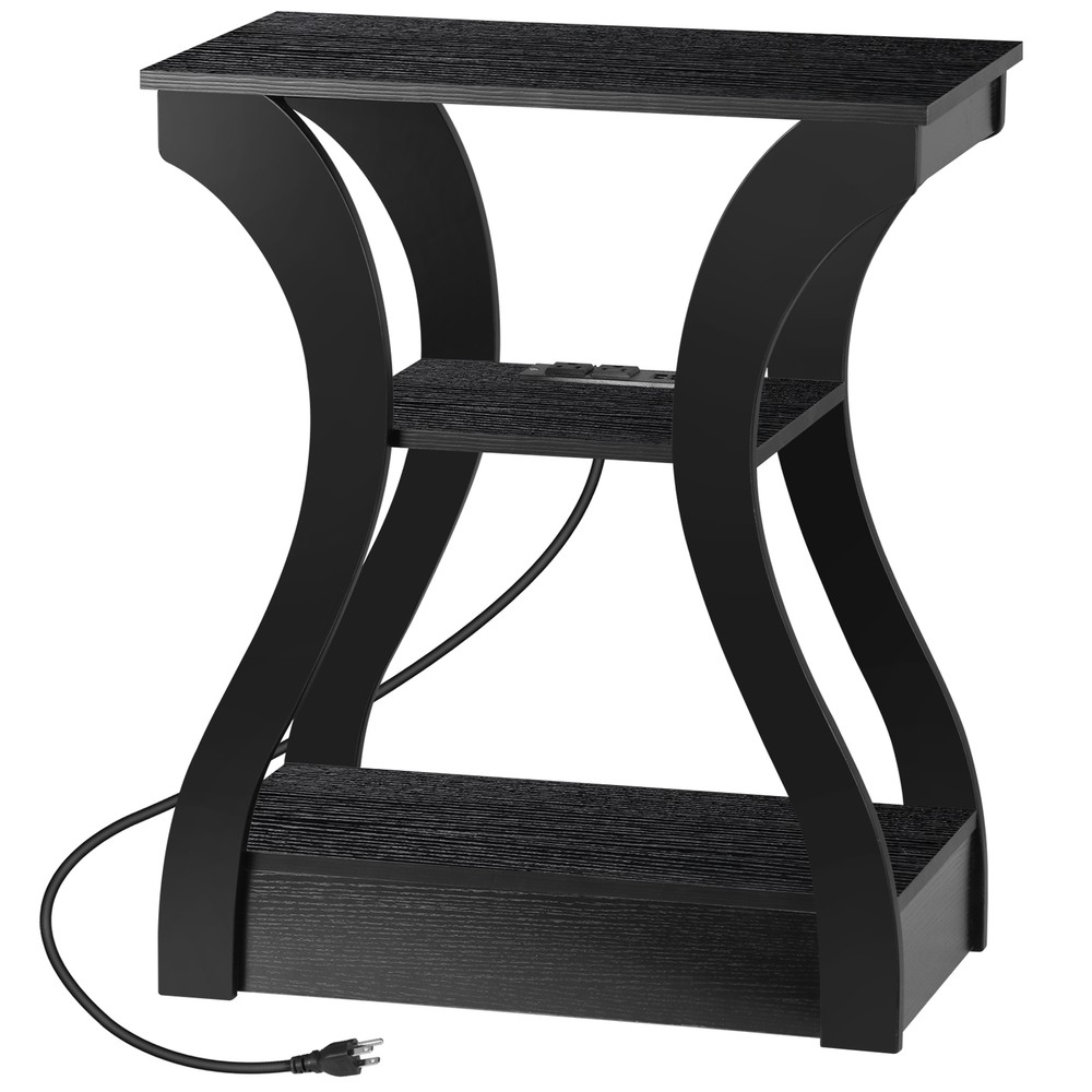 End Table 3 Tier Accent Sofa Table w/Curved Legs Shelf & Charging Station Black