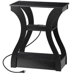 End Table 3 Tier Accent Sofa Table w/Curved Legs Shelf & Charging Station Black