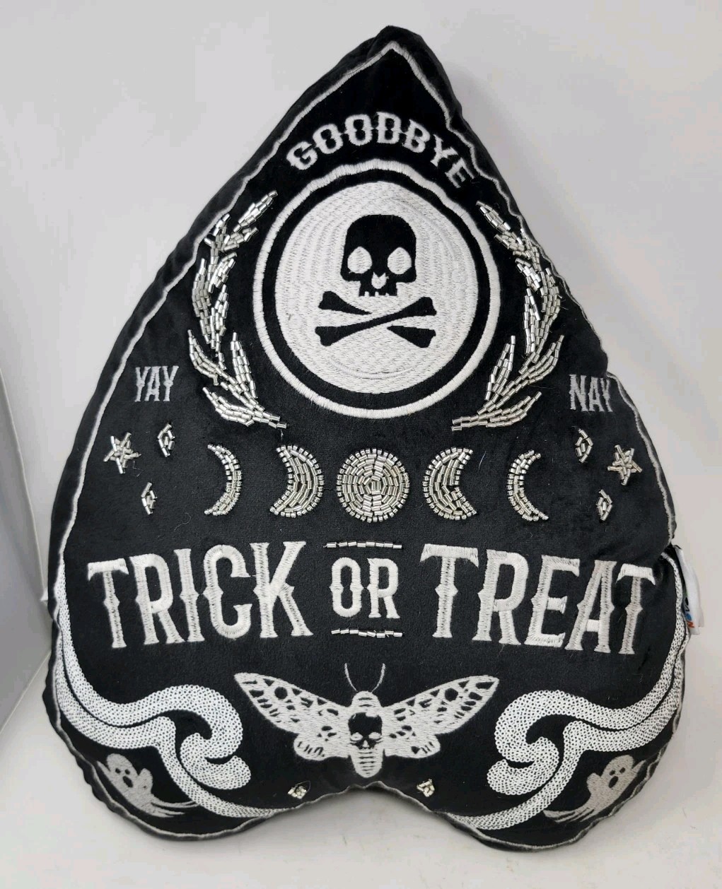 Trick Or Treat Beaded Mystifying Oracle Throw Pillow Black Silver Halloween gallery