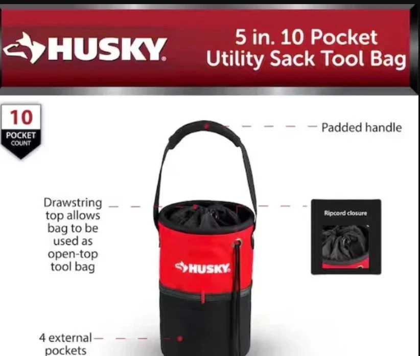Husky 5" Utility Sack Tool Bag 10 Pockets Water Resistant Material 432 396 NWT's gallery