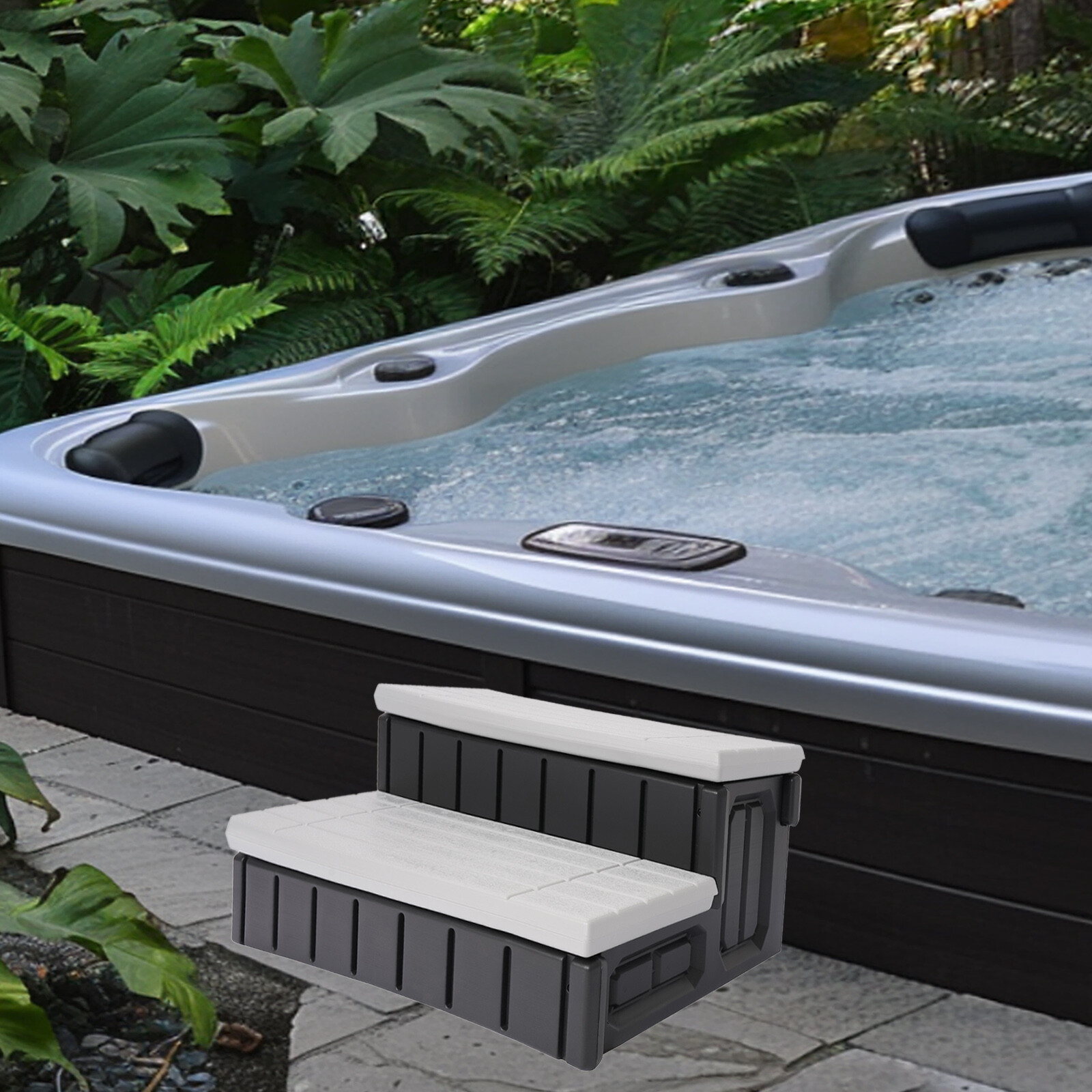 Light Gray Black 2 Slip-Resistant Patio Spa Hot Tub Step w/ Compartment Storage gallery