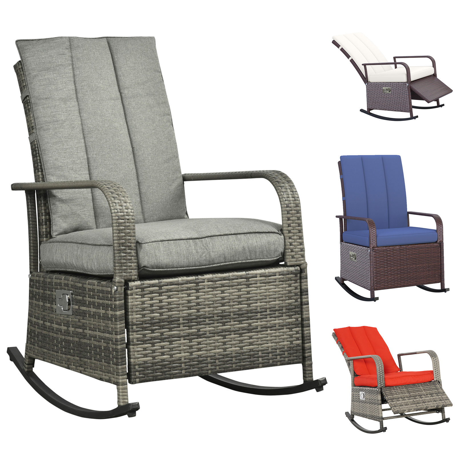 Outdoor Rattan Rocking Chair Patio Recliner with Cushion, Adjustable Footrest gallery