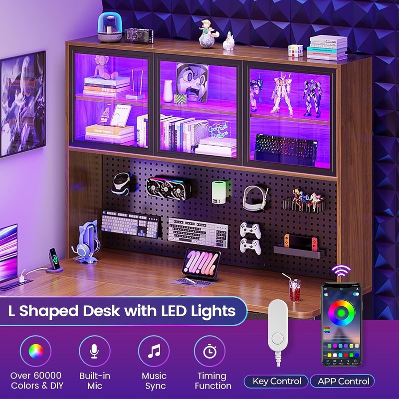 L Shaped Office Desk, Corner Computer Desk with 3 Drawers, Bookshelf & LED Light gallery