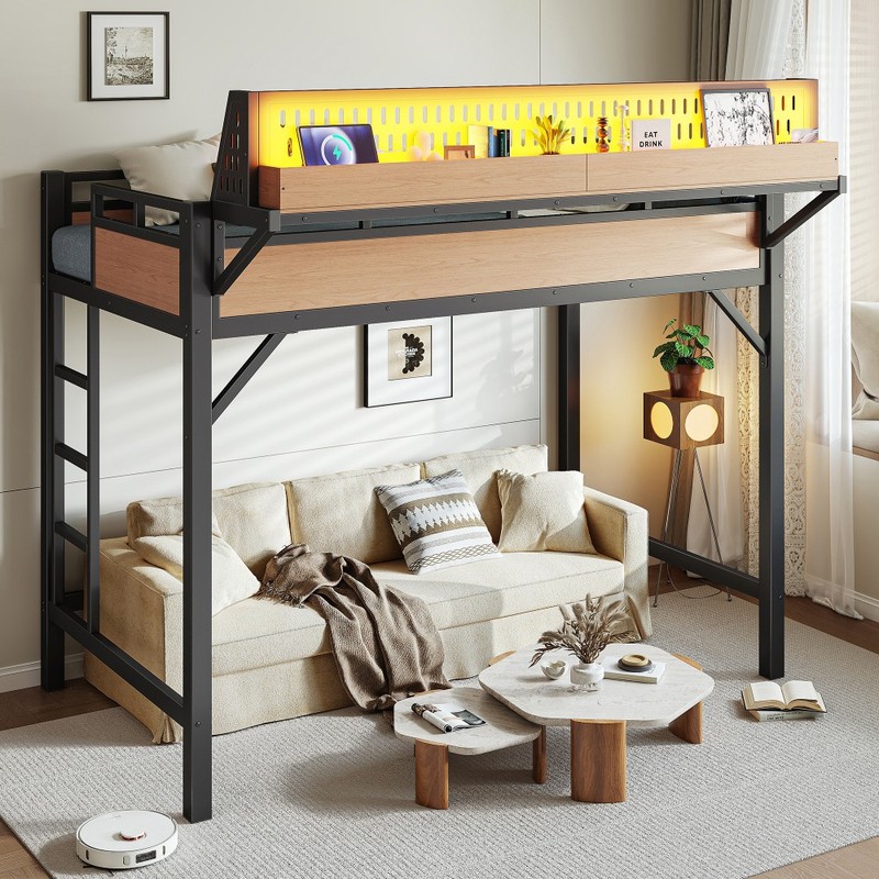 Full Queen Size Loft Bed w/Storage Stairs,Metal Loft Bed Frame w/ Storage Shelve gallery