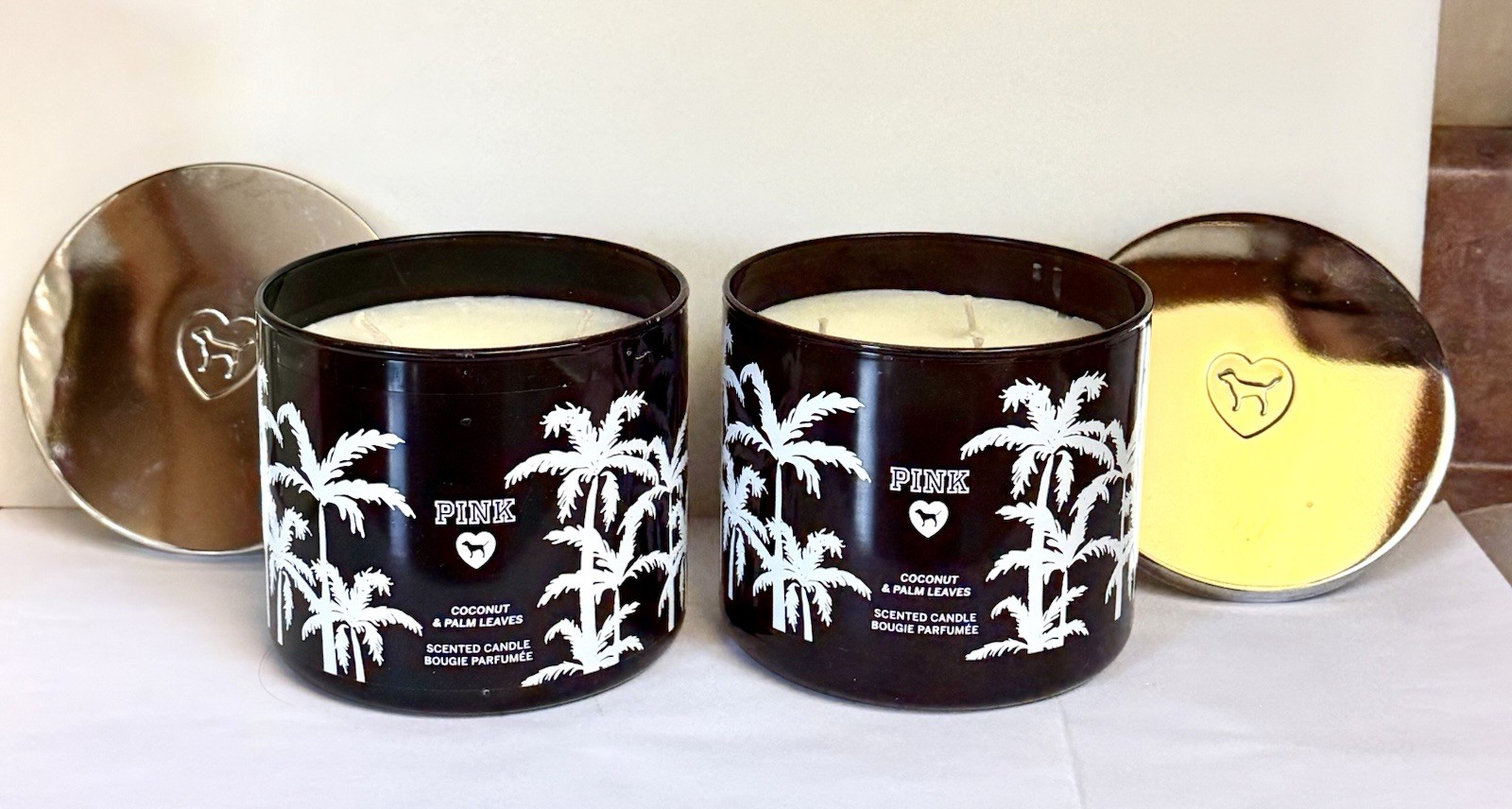 2X COCONUT & PALM LEAVES Scented 3-wick Candle Victoria's Secret PINK Black Jar gallery
