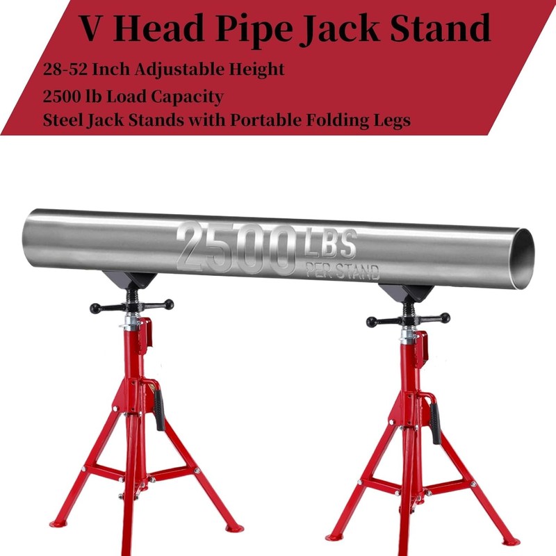 V Head Pipe Jack Stand 28-52in Adjustable Height 2500Lbs Load 1/8"-12" Pipe gallery