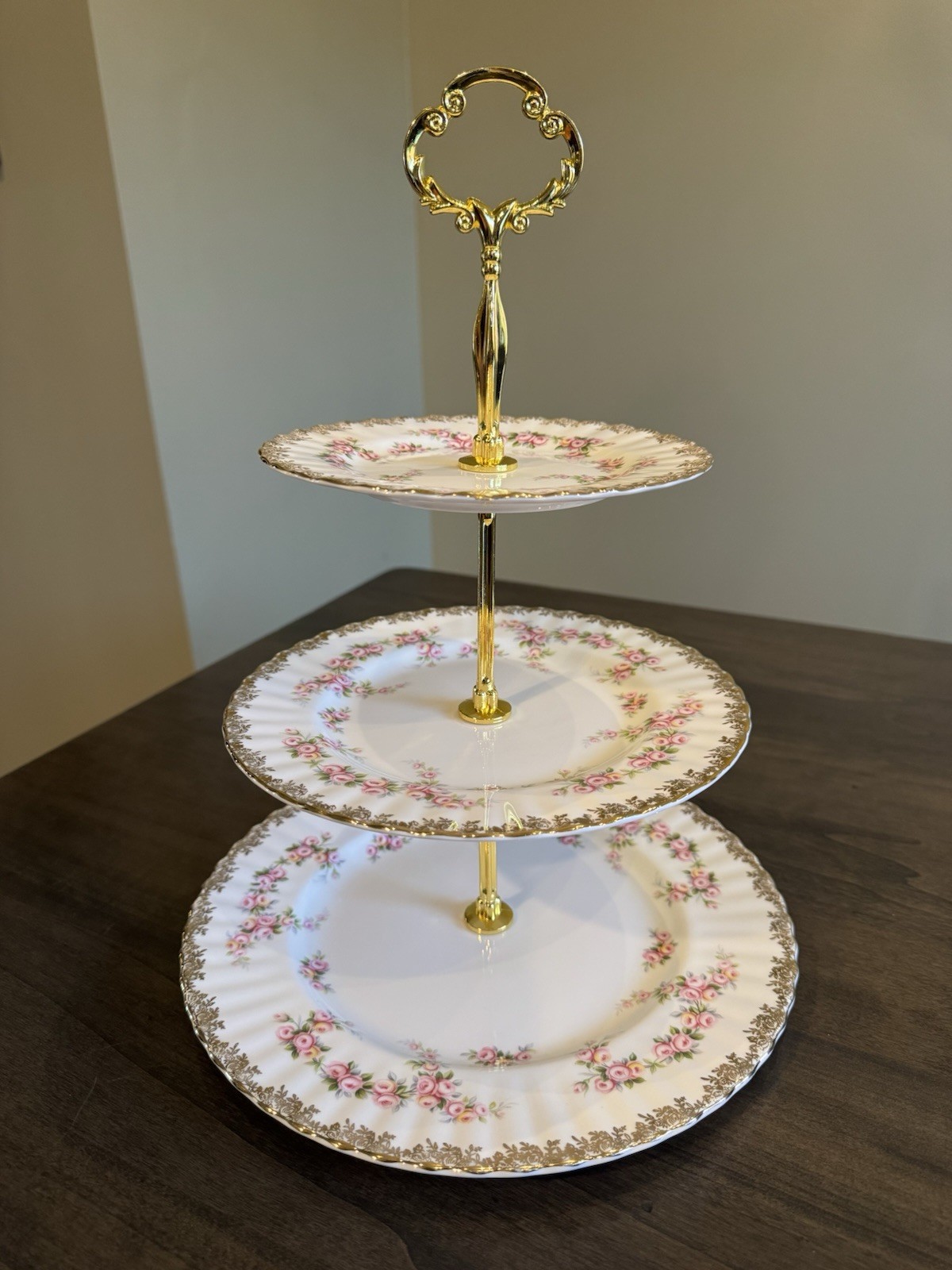 Royal Albert Dimity Roses 3- Tier Cake Dessert Stand England gallery