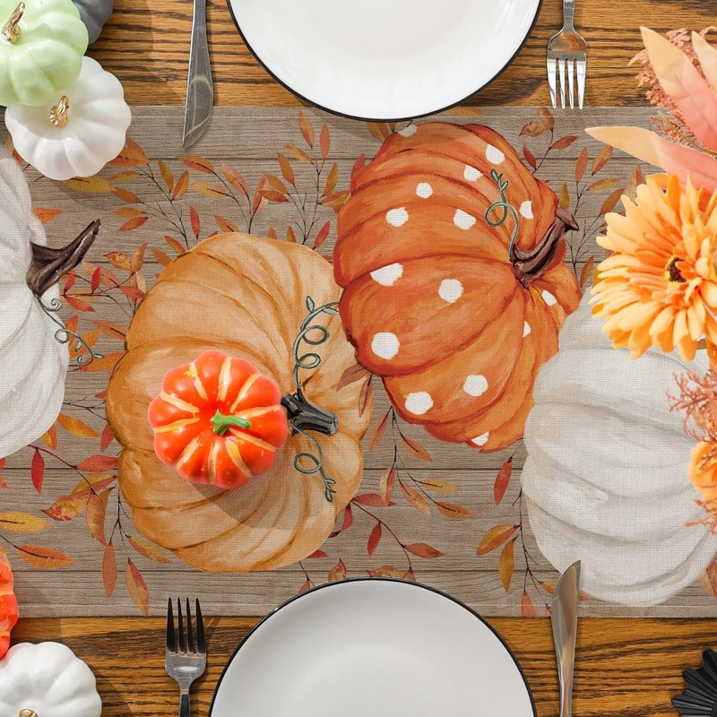 Fall Table Runner Wood Eucalyptus Orange Pumpkin Seasonal Autumn 13x48 Inch gallery