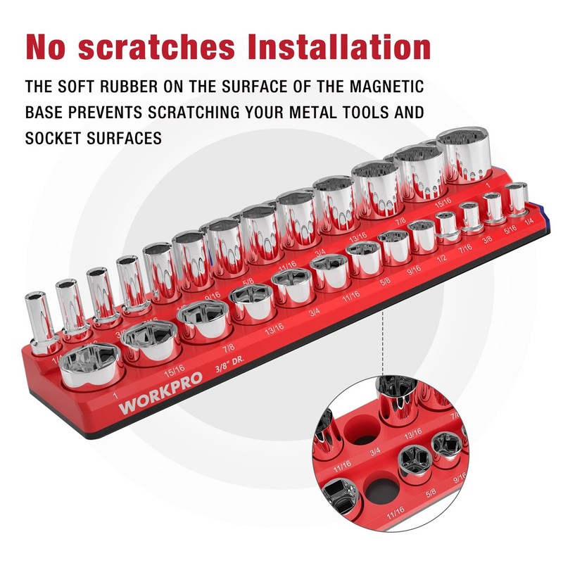 WORKPRO 3/8-Inch SAE Magnetic Socket Organizer Holds 26PCS Standard Deep Sockets gallery
