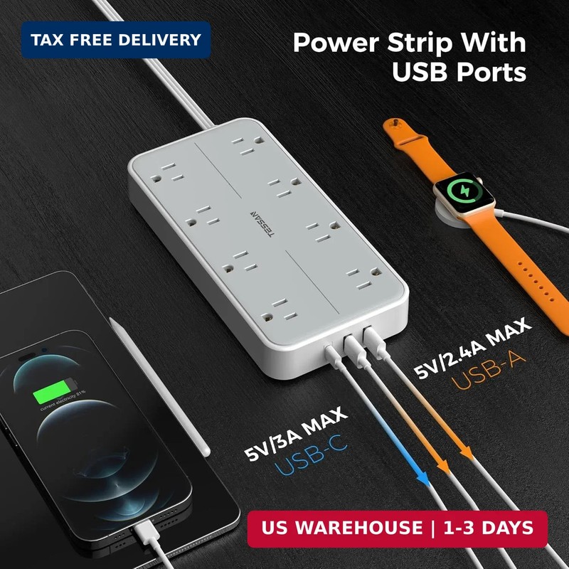 TESSAN Power Strip Surge Protector, 10FT Flat Plug Extension Cord with 8 Outlets gallery