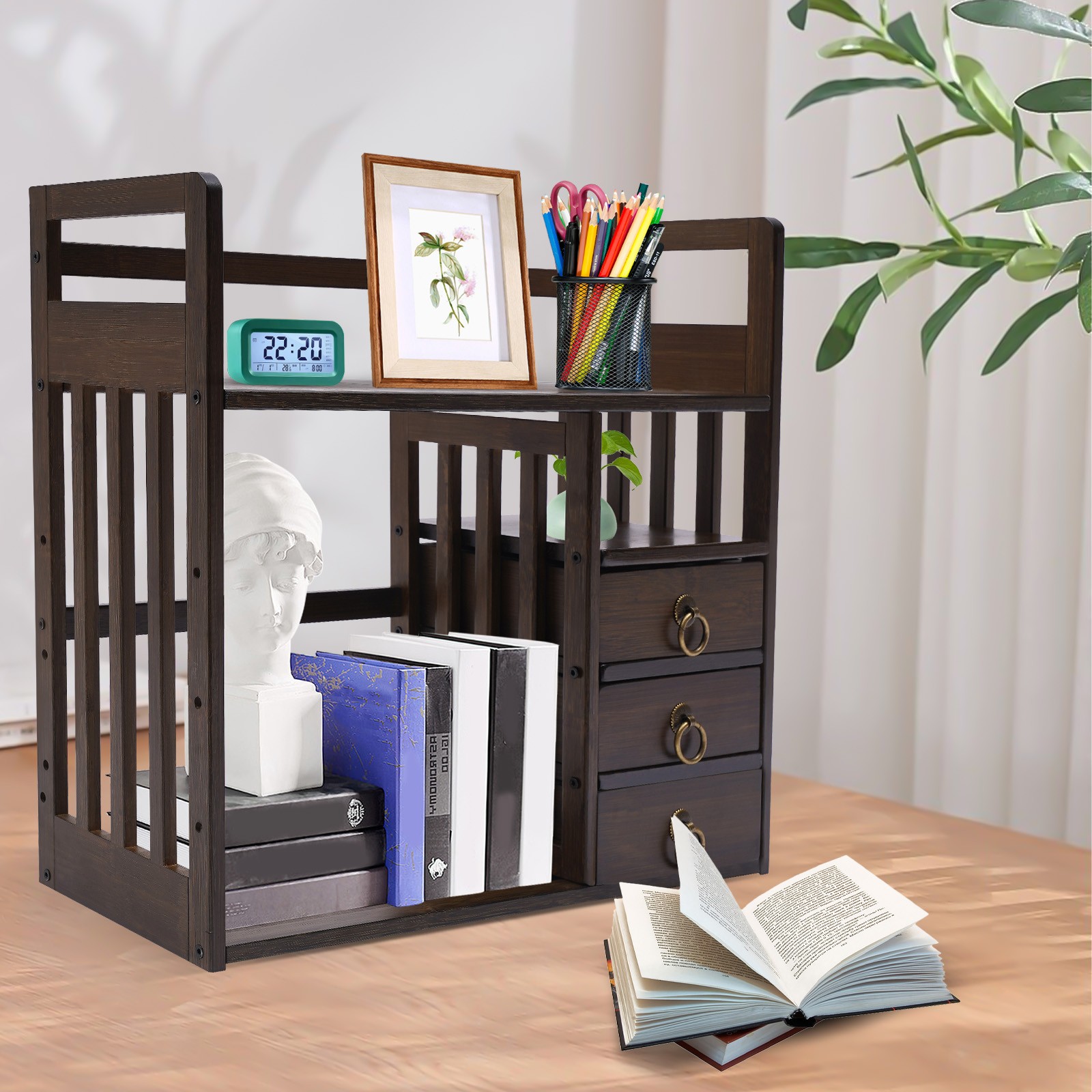Desktop Bookshelf 55lbs Load Bamboo Bookshelf 3-Tier Portable Bookshelf W/Drawer gallery