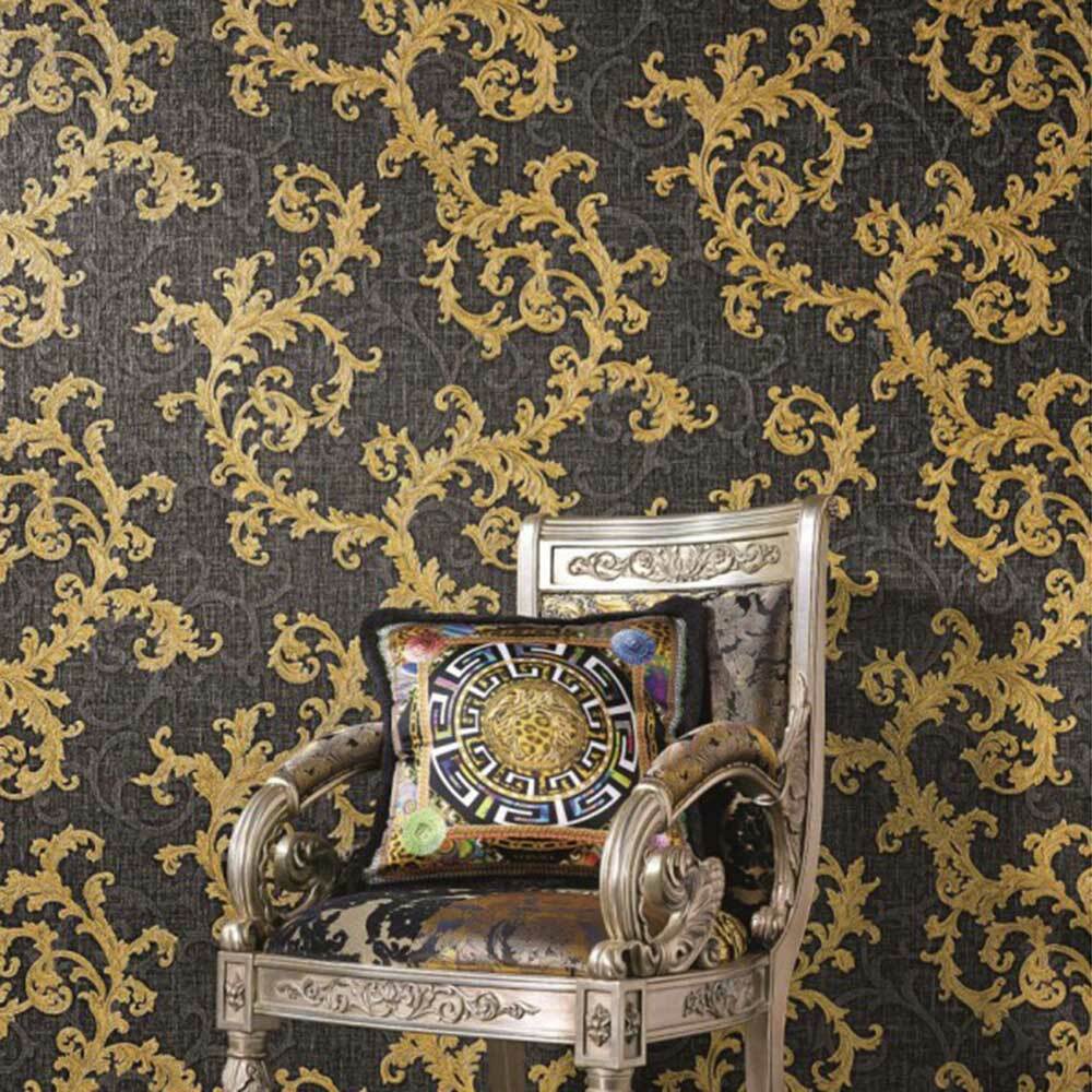 Versace Calligraphy Black Gray Gold Barocco Designer Textured Wallpaper gallery