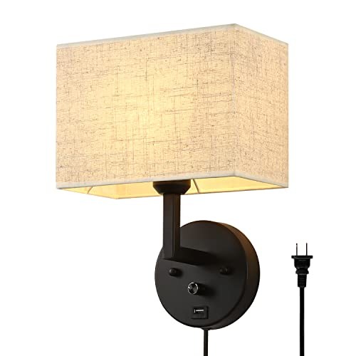 Plug in Wall Sconce with Dimmer Switch and USB Port，9.5“Rectangular Linen Black gallery