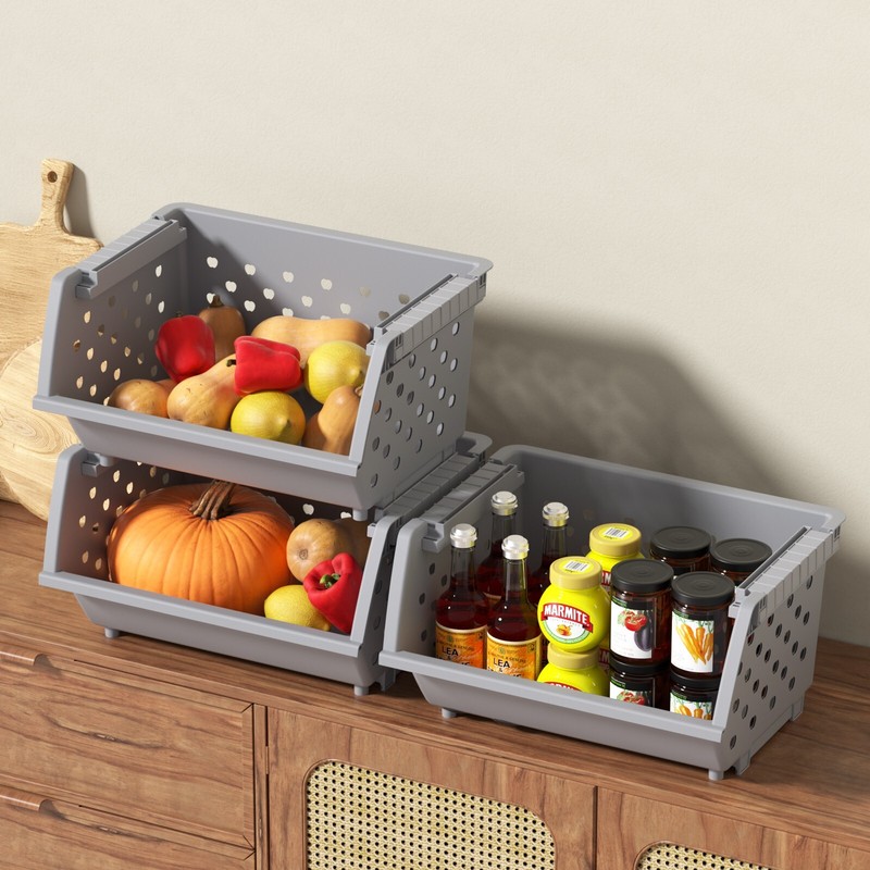 Kekow 4-Pack Stackable Storage Bins for Pantry Plastic Organizing Basket Gray gallery
