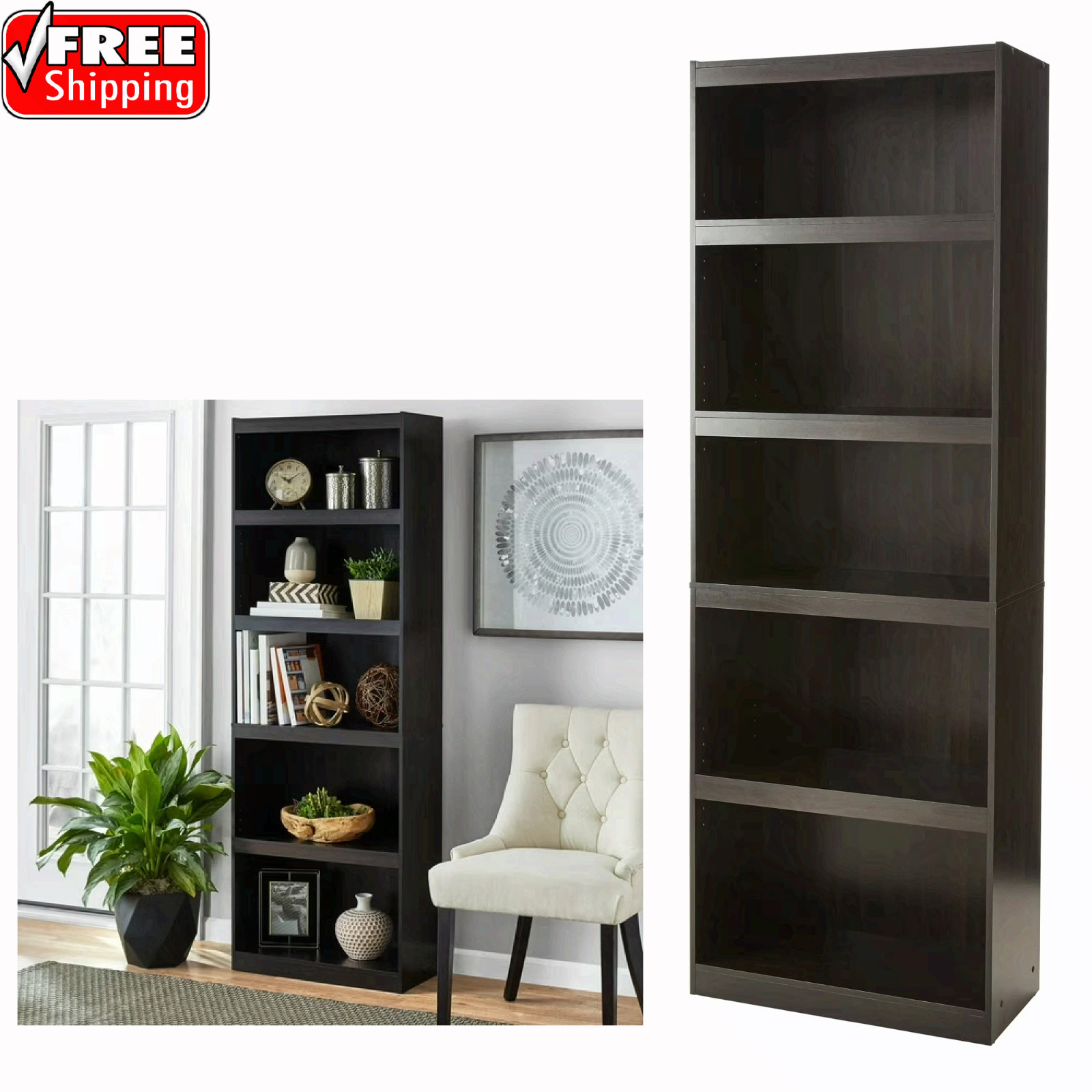 71" Tall Functional Framed 5-Shelf Bookcase Stylish Wide Storage Bookshelf gallery