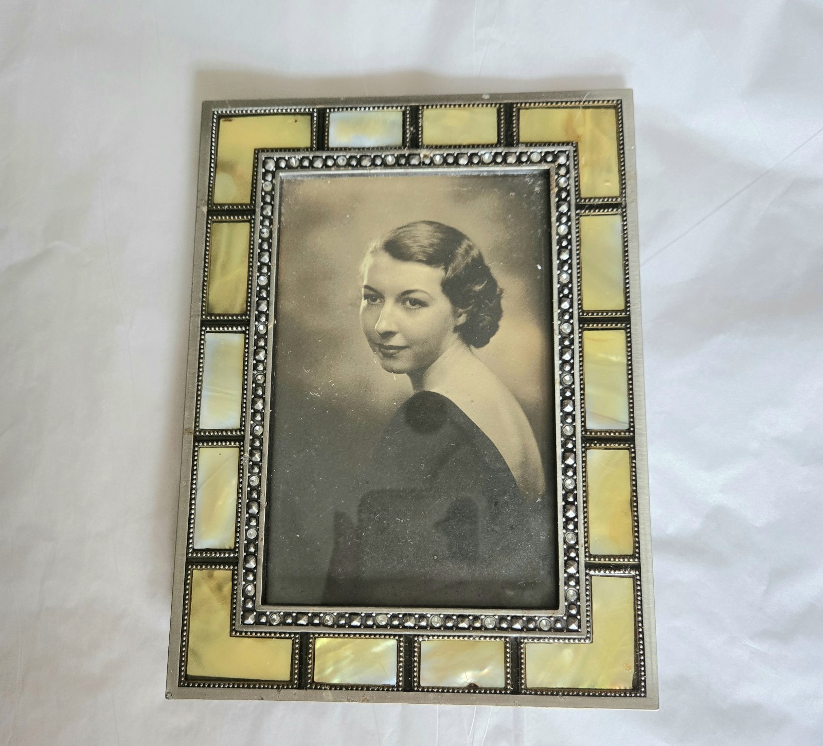 Vintage 4X6 Frame Abalone Shell, Crystals~With Vintage Photo Of Woman gallery