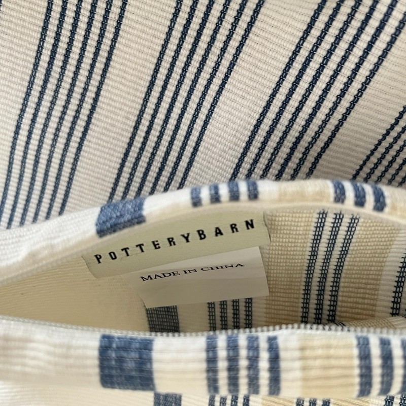 Pottery Barn White Blue Beige Stripe Cotton Woven Pillow Cover 16” X 26” gallery