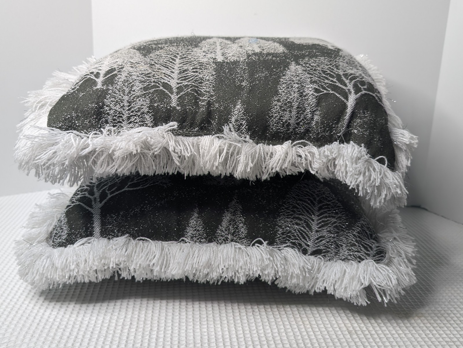 Throw Pillow Set Mohawk Home Accent Crystal Forest Trees Vtg Gray White Fringe gallery