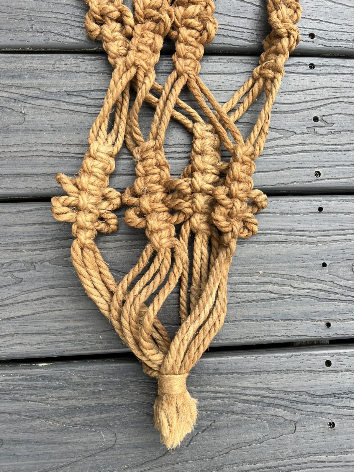 Vintage 1970s Macrame Jute Braid & Wooden Bead Plant Hanger Boho Retro MCM gallery