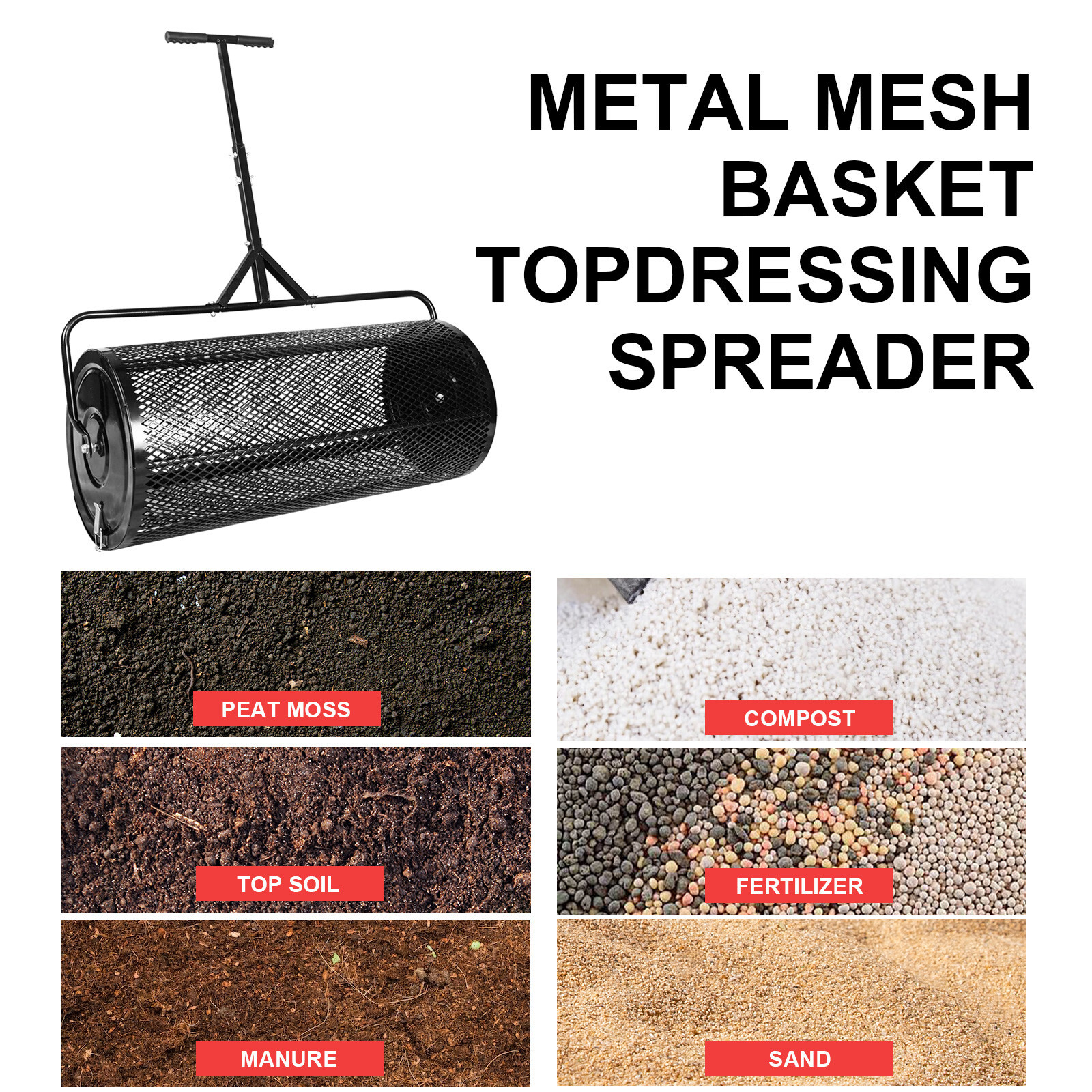 Compost Spreader Peat Moss Roller Steel Mesh for Garden& Lawn Adjustable 36 Inch gallery