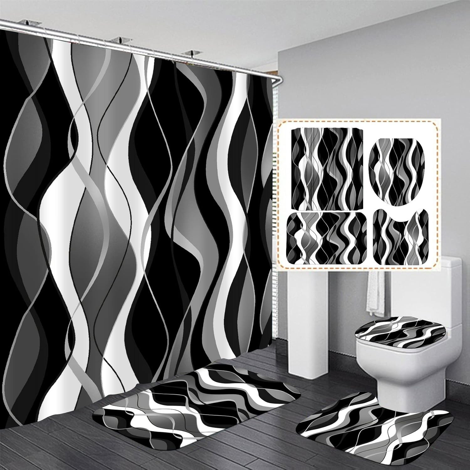 4 Pcs Black and White Striped Shower Curtain Set Black and Grey Bathroom Sets wi gallery