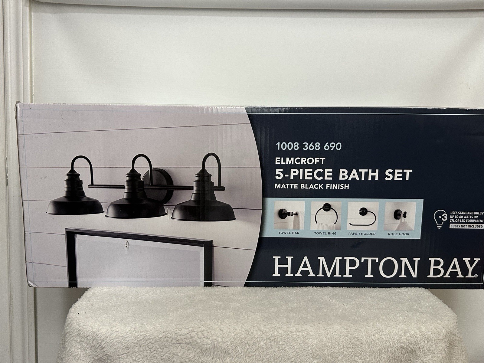 Hampton Bay Elmcroft 29 in. 3-Light Matte Black Farmhouse Vanity Light 5-Pc Bath gallery
