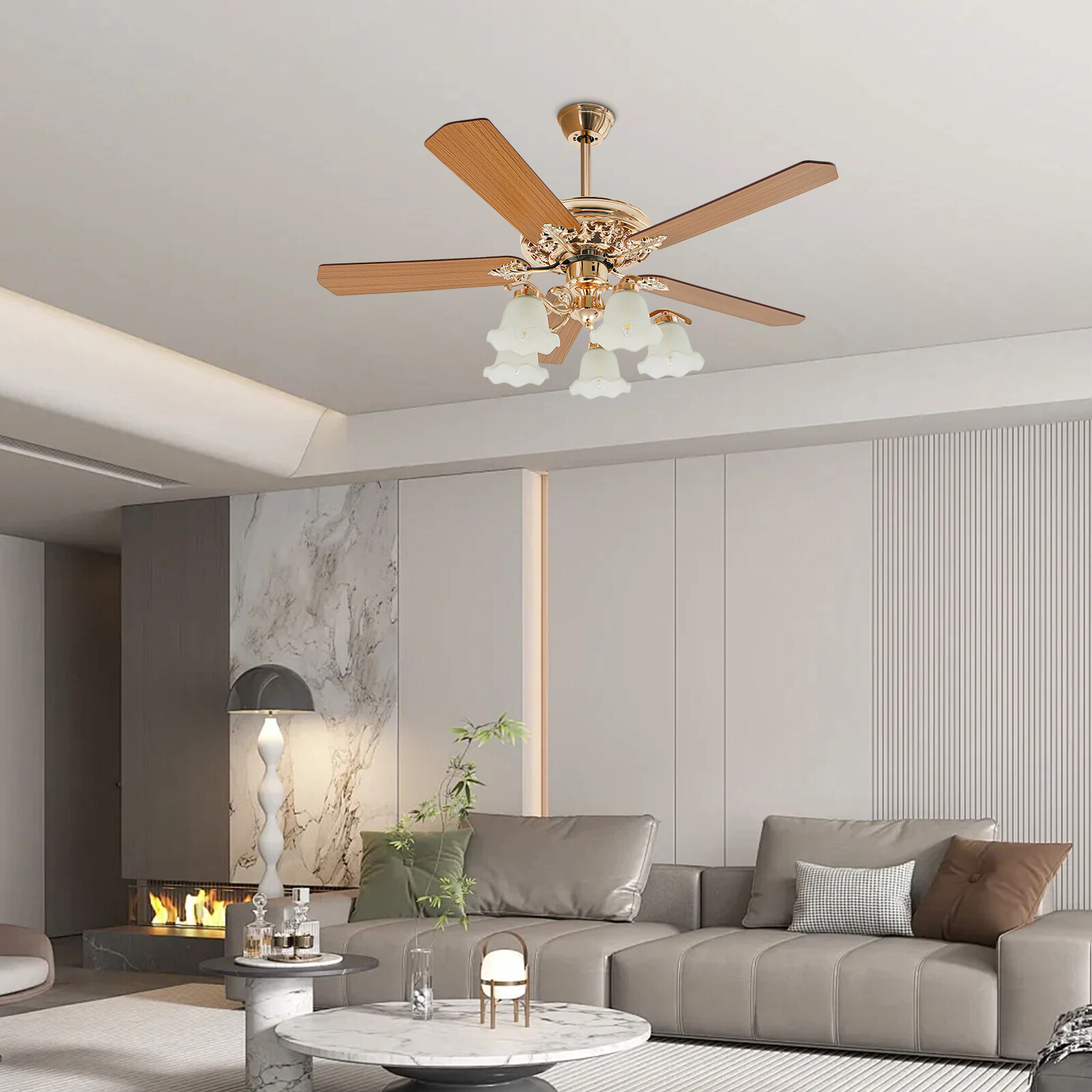 52" Modern Ceiling Fan Light 5 Wood Blades Lamp Chandelier 3-Speed w/Remote gallery