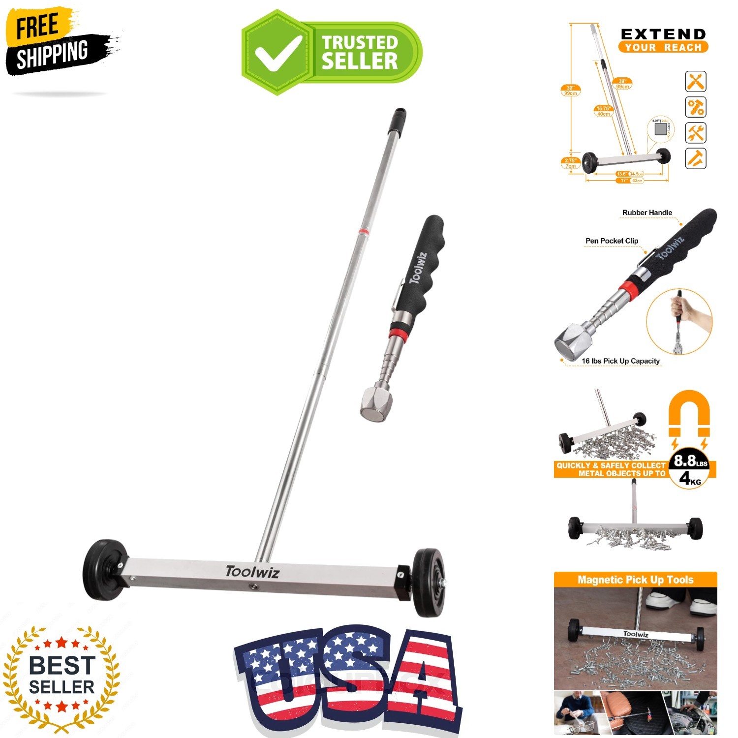17" Rolling Magnetic Sweeper 8.8lbs, with 16 lbs Telescopic Magnetic Pick Up ... gallery
