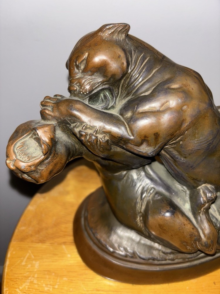 Antique Bronze Sculpture Two Panthers Fighting Wild Animal Art Statue