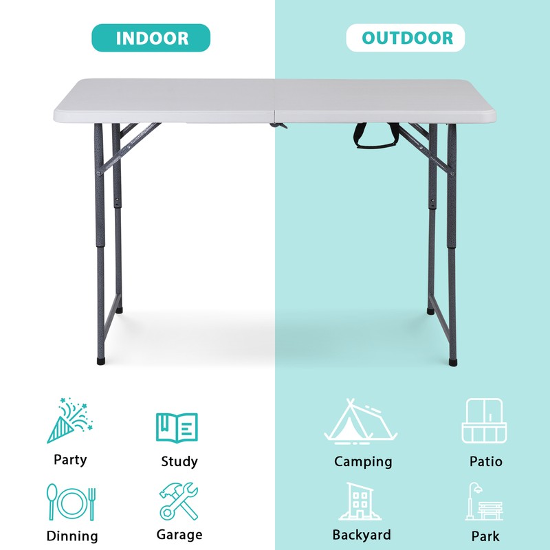 Folding Table Adjustable 4FT Plastic Table Picnic Camping w/Carry Handle White gallery