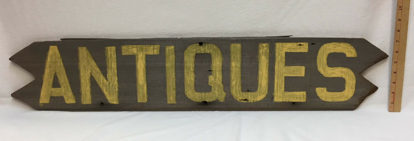 Weathered Lapped Barn Wood Sign " ANTIQUES " in Yellow Paint 38" x 7 1/4" gallery