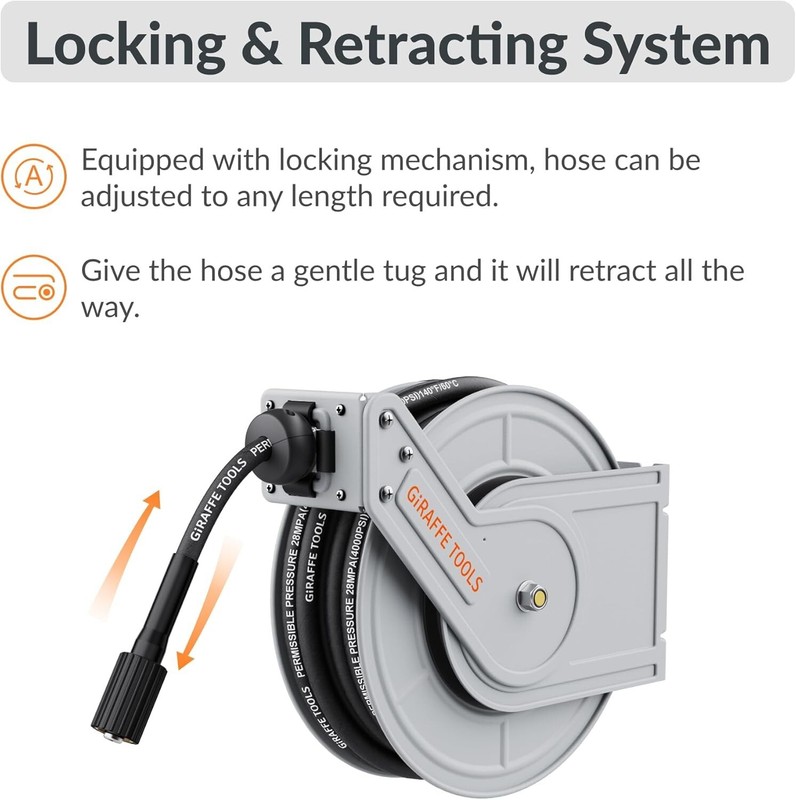 Giraffe Tools Retractable Pressure Washer Hose Reel, 60ft x 1/4" Power, 4000PSI gallery