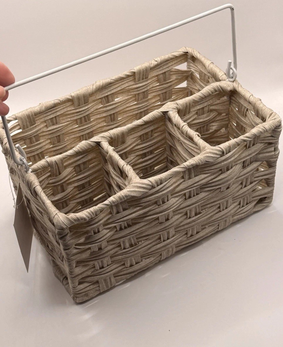 mDesign Woven Rattan Cutlery Silverware Utensils Sectioned Basket Caddy W/Handle gallery