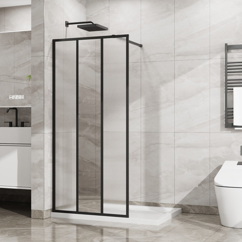 34"Wx72"H 3-Panel Fixed Shower Door, Center Mirror+Fluted Glass, 5mm Tempered, B gallery