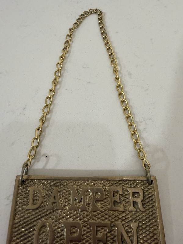BRASS FIREPLACE DAMPER OPEN CLOSED SIGN WITH CHAIN gallery