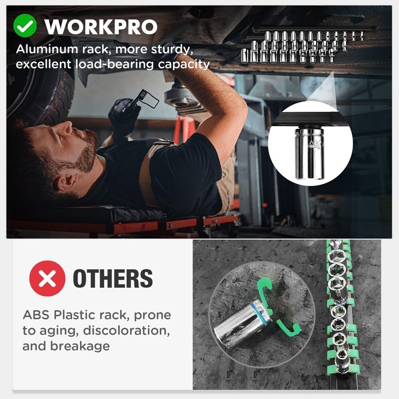 WORKPRO Magnetic Socket Organizer 3/8" Drive Aluminum Alloy Socket Rail 10 Clips gallery