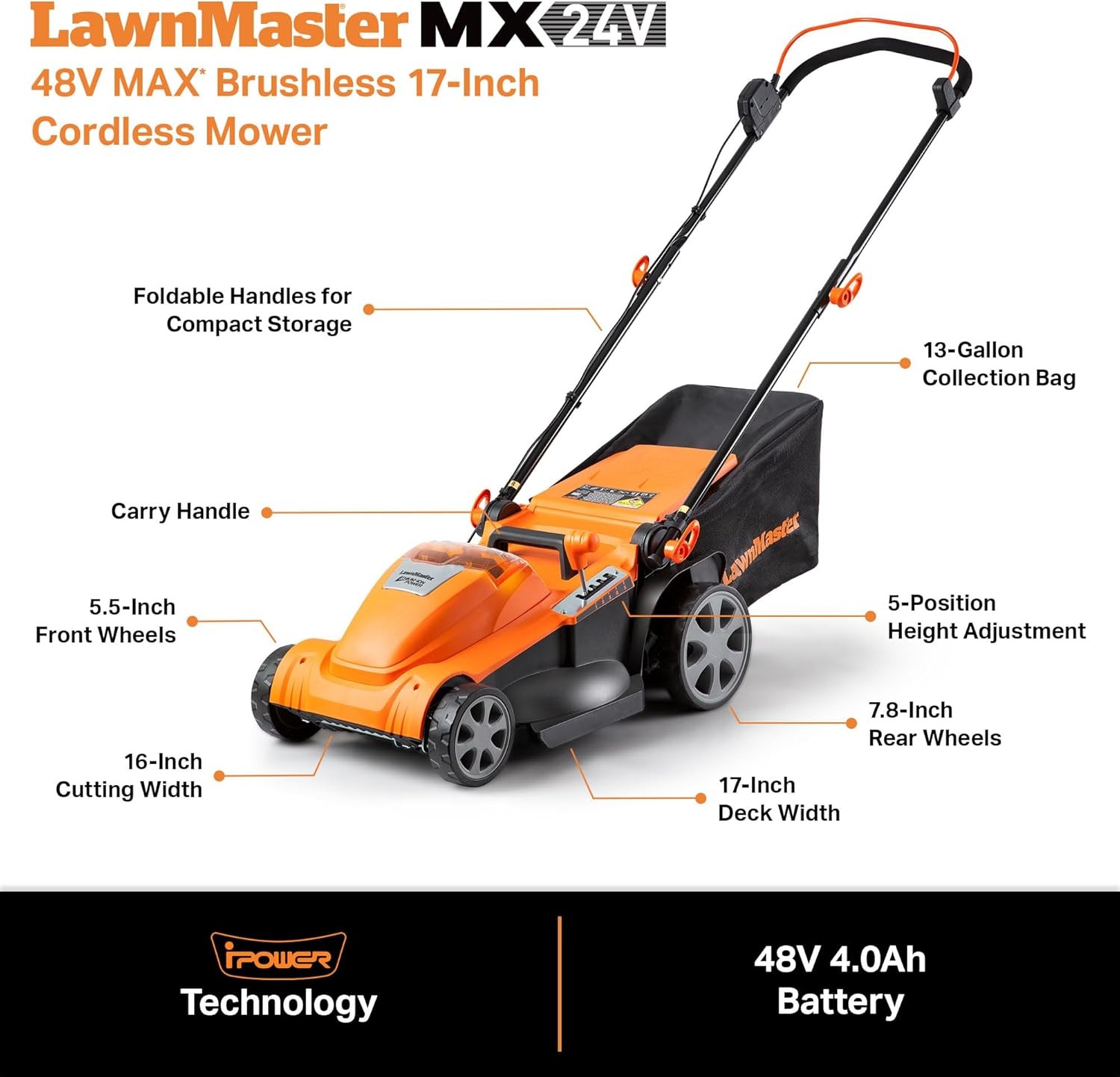 LawnMaster CLMF4817E 48V MAX Brushless Mower with 2X24V MAX 4.0Ah Battery gallery