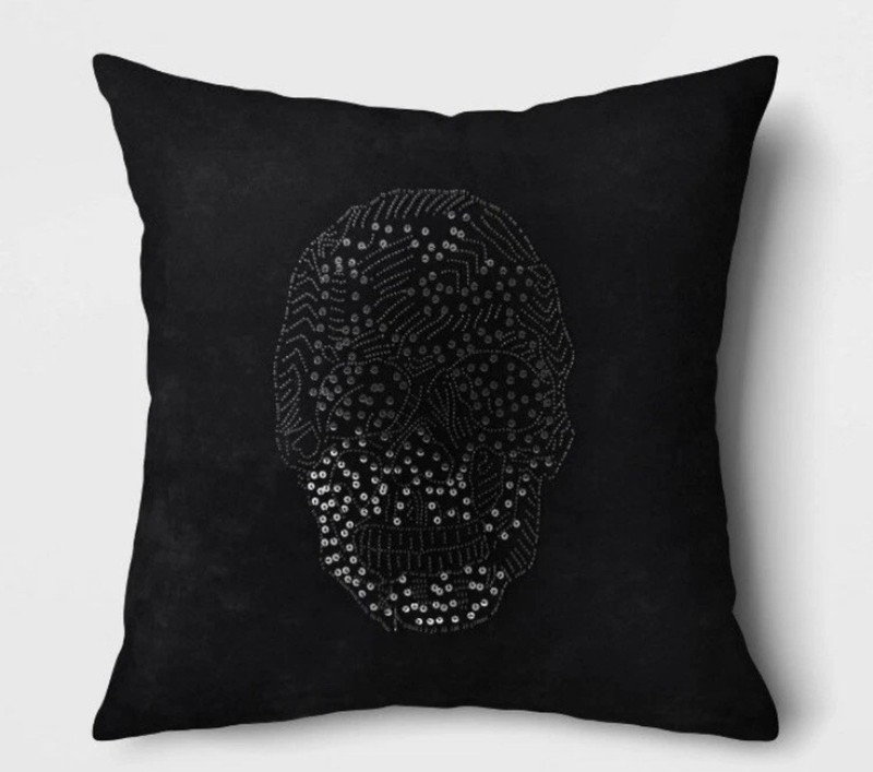 Threshold Halloween Throw Pillow Black Velvet Beaded Skull Square gallery