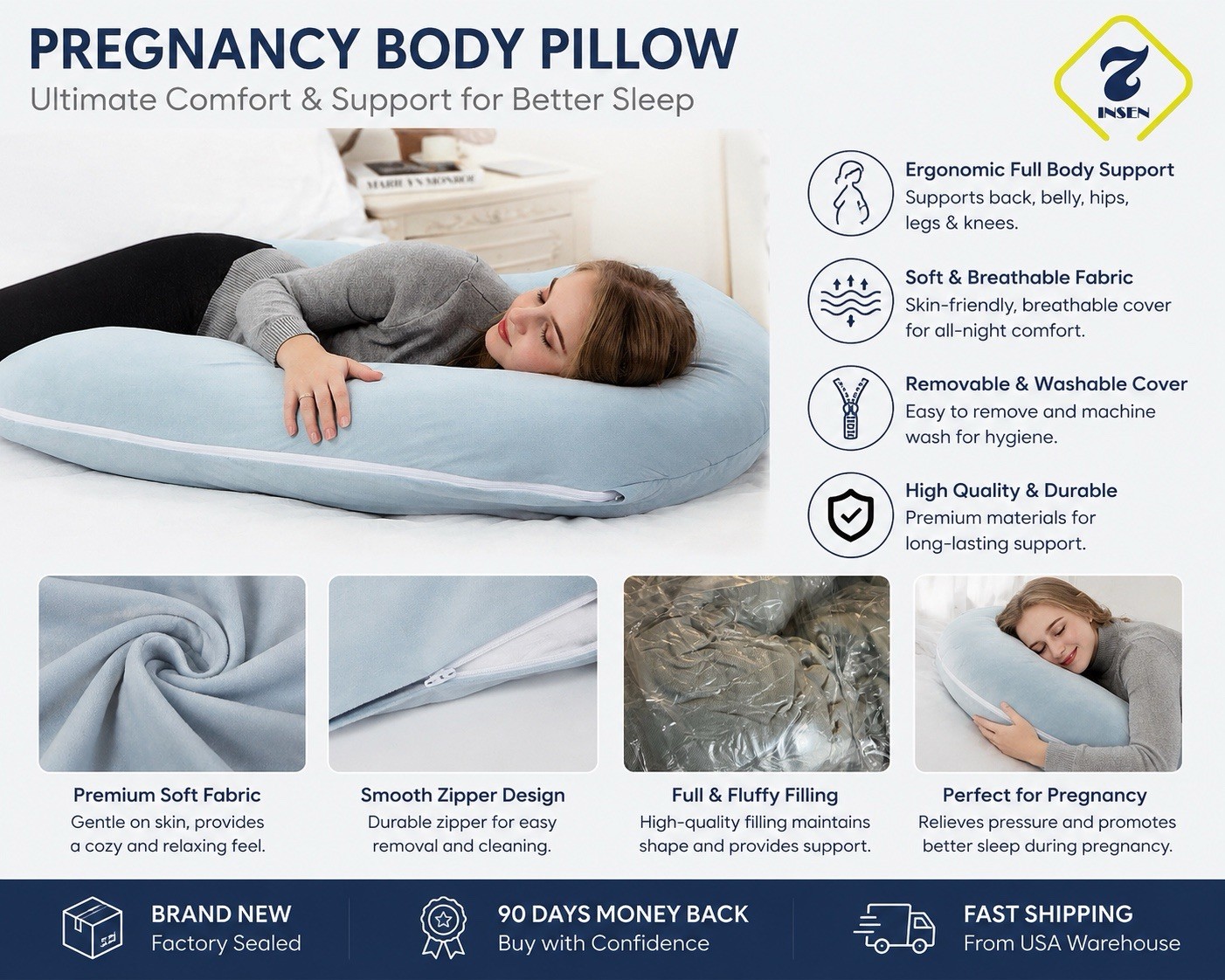 INSEN Pregnancy Body Pillow Full Body Support Pillow Gray New Sealed gallery
