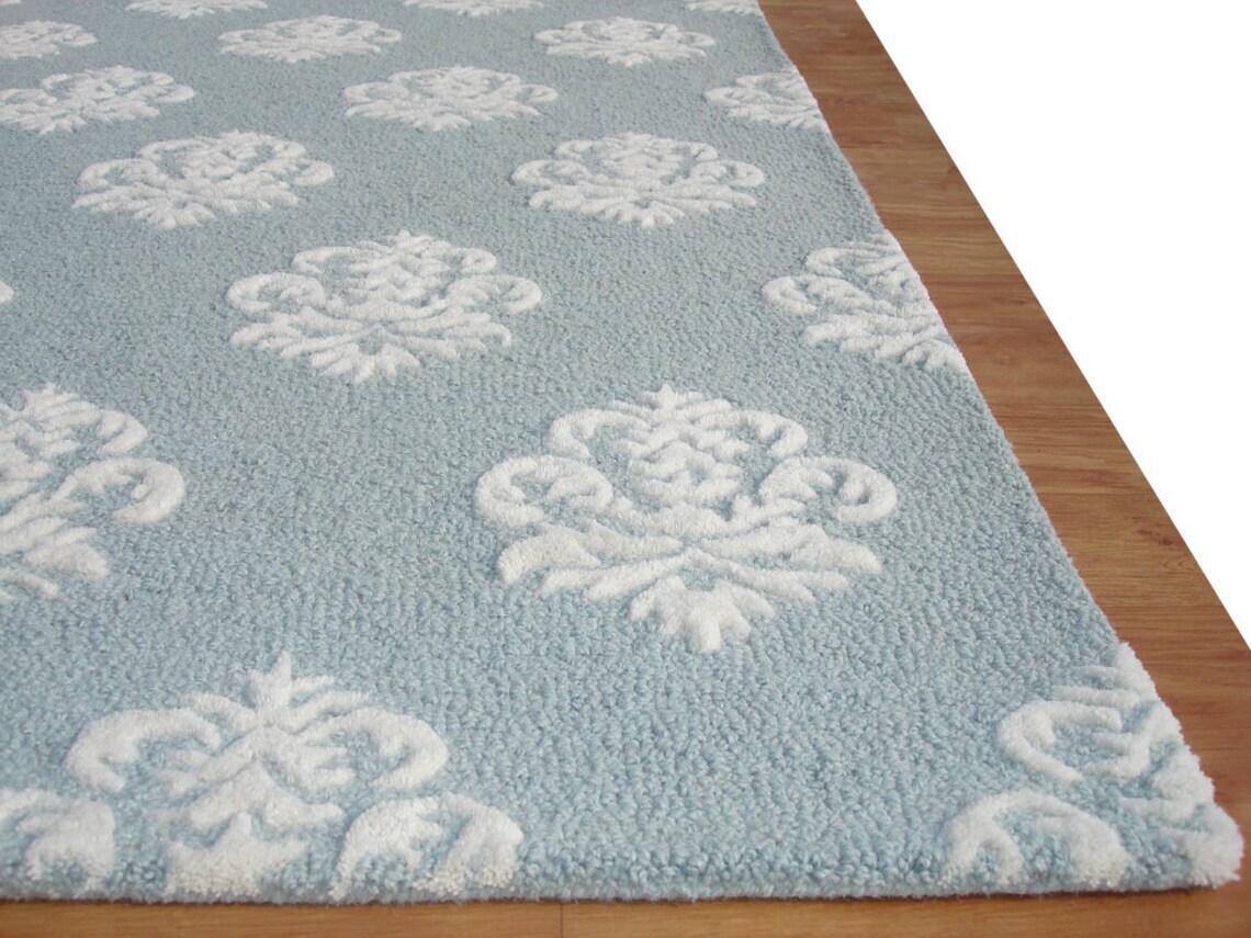 Damask Blue Loop & Cut Pile Hand-Tufted 100% Wool Handmade Area Rug Carpet for gallery