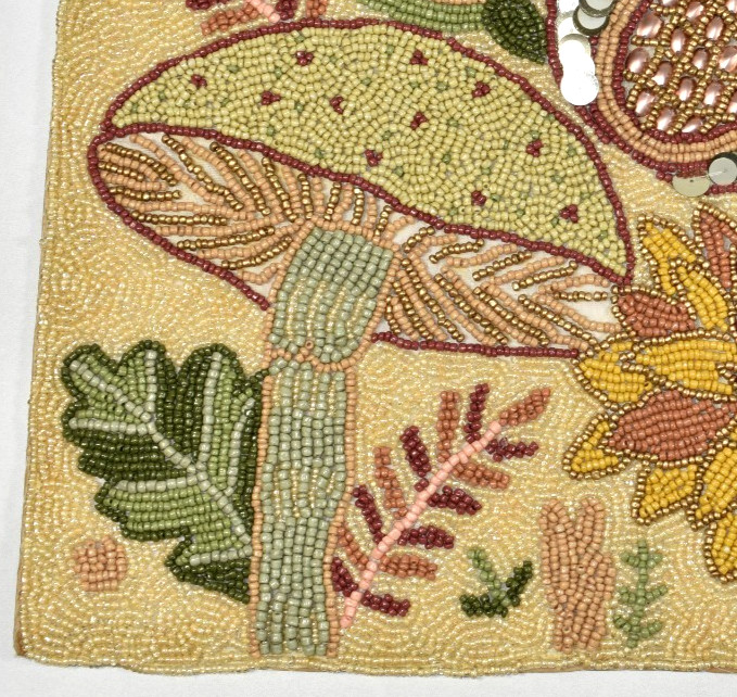 World Market Beaded Table Runner Owl Leaves Mushrooms Botanical Multi 13x36 NEW gallery