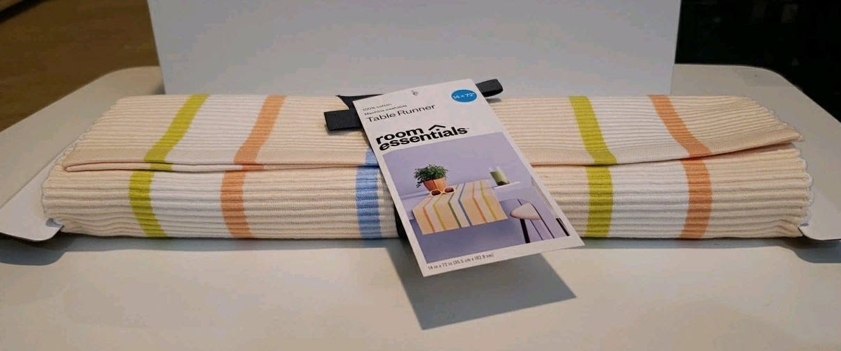 Summer Stripe Room Essentials Table Runner 100% Cotton 14×72 Beige White Blue Gr gallery