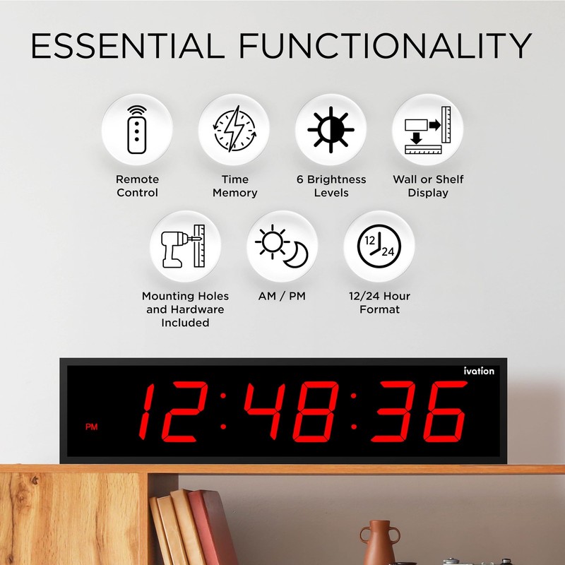 Ivation 24" Large Digital Clock, 6-Level Brightness, LED Wall Clock, Red gallery