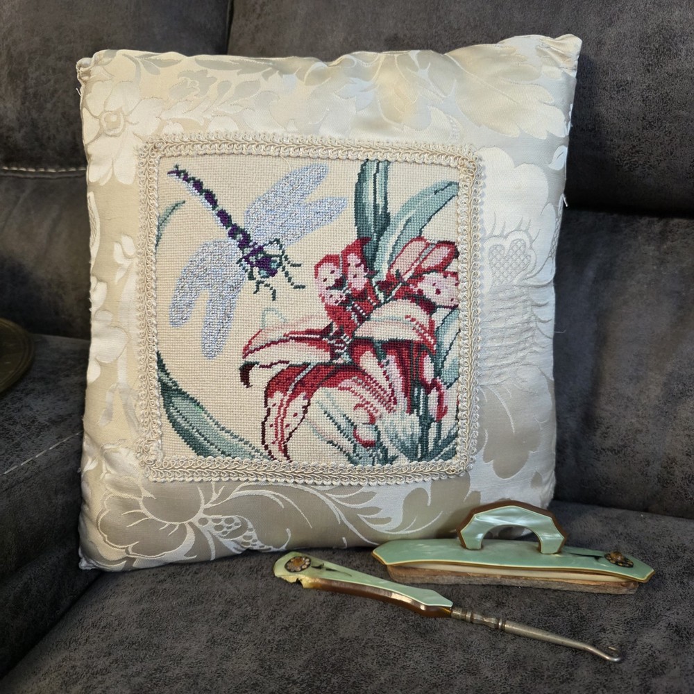 Needlepoint Throw Pillow W Dragonfly And Lily 12"x 12"