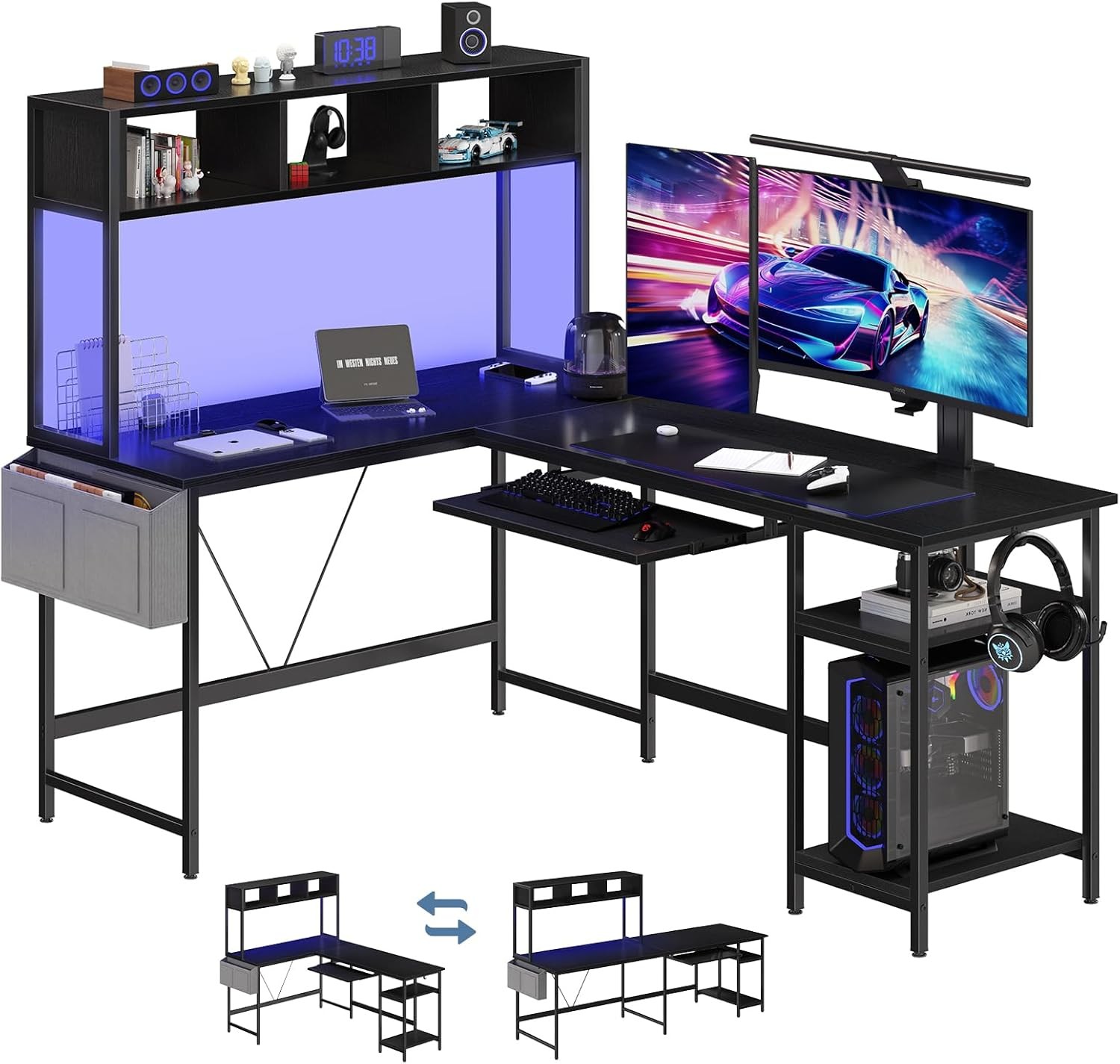 L Shaped Gaming Desk 67" Reversible Computer Desks with Led Lights Corner Table gallery