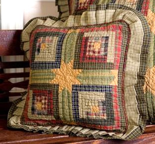 Tea Cabin Hand Quilted Patchwork Pillow Country Green Red Yellow 16" Filled gallery