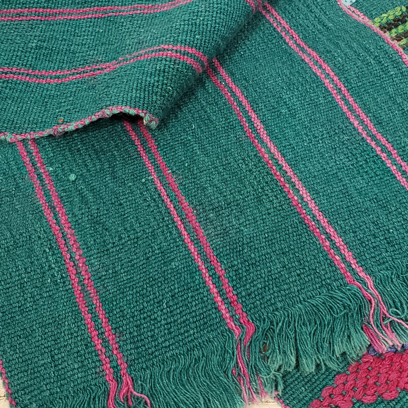 Handwoven Colorful Table Runner Teal background with lots of other primary color gallery