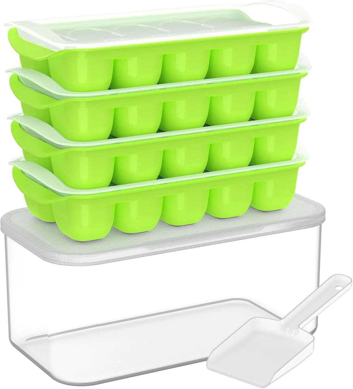 DOQAUS Ice Cube Tray with Lid and Bin - 4 Pack Ice Bucket Kits, Stackable Silico gallery